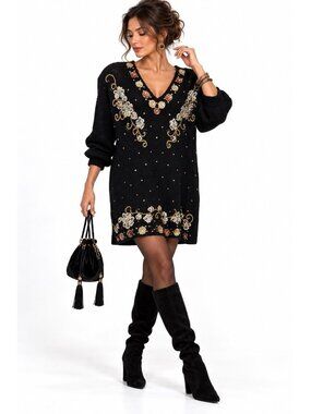 vintage 90s SEQUIN TUNIC SWEATER DRESS black small dark bohemian witchicore